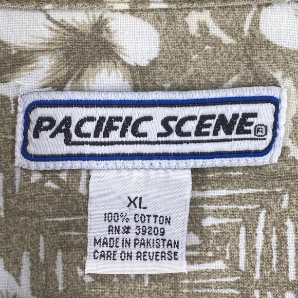 Vintage Pacific Scene Neutral Tan Floral Hawaiian Button Down Shirt Mens XL - Picture 12 of 13